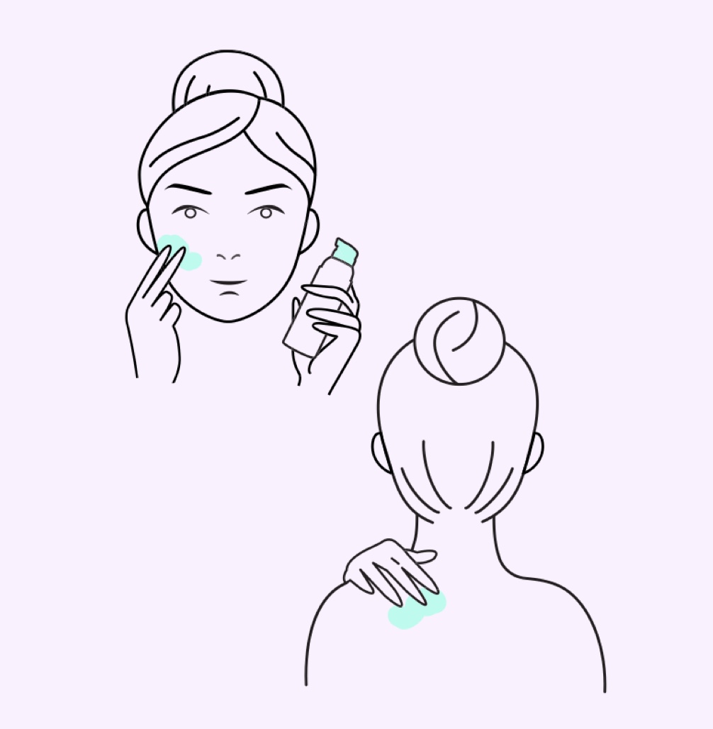 Female applying cream to face & back represents AKLIEF® Cream daily skincare routine for acne step 2: apply to affected areas