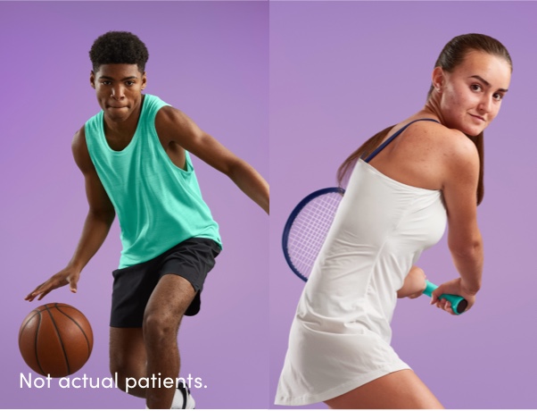 Male with basketball & female with tennis racket portray patients using AKLIEF® (trifarotene) Cream acne vulgaris medication