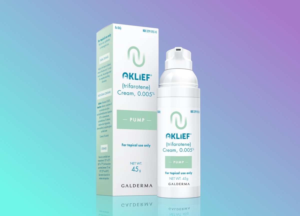 AKLIEF® (trifarotene) Cream, 0.005% product packaging - AKLIEF® Cream bottle next to its box against a turquoise background