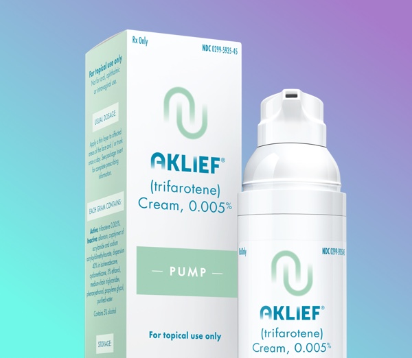 AKLIEF® (trifarotene) Cream, 0.005% product packaging - AKLIEF® Cream bottle next to its box against a turquoise background