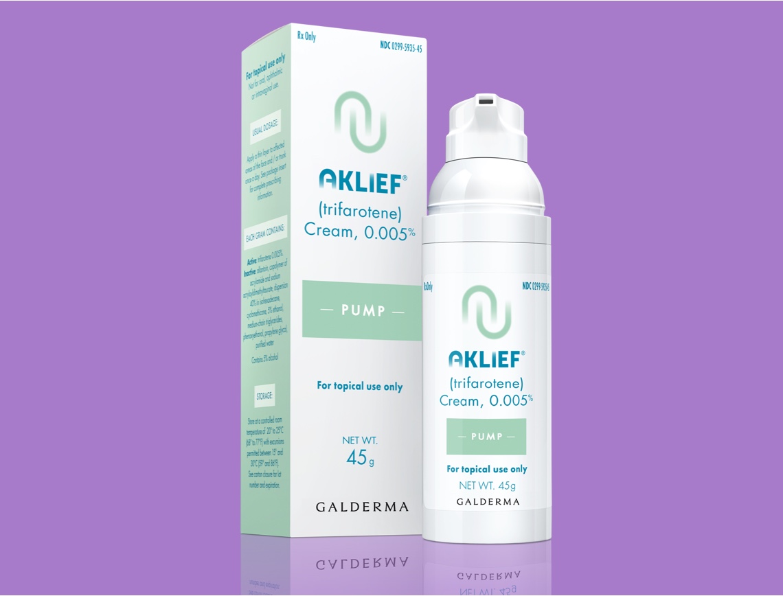AKLIEF® (trifarotene) Cream, 0.005% product packaging. AKLIEF® Cream box next to its bottle against a purple background