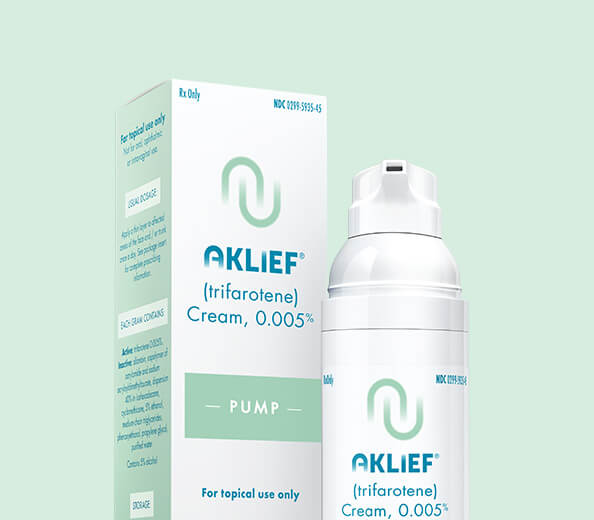 AKLIEF® (trifarotene) Cream, 0.005% product packaging - AKLIEF® Cream bottle next to its box against a turquoise background